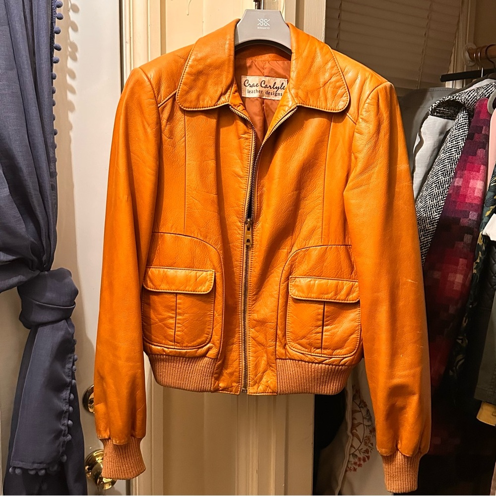 Orange Leather Bomber Jacket - Vintage Style